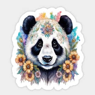 Fantasy, Watercolor, Panda Bear With Flowers and Butterflies Sticker